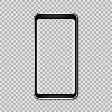 Siyah telefon, şeffaf arkaplanda boş ekran ile taklit edilir. Vektör çizimi. Eps 10.