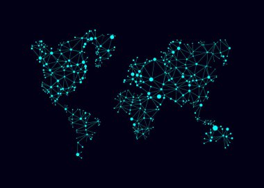 Daireleri ve çizgileri olan bir dünya haritası. Noktalı soyut çokgen dünya haritası. Küresel ağ örgüsü. Vektör çizimi. Esp 10.