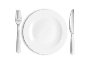 Paslanmaz çelik bıçak, kaşık ve çatal beyaz arka planda izole edilmiş plaka. Vektör çizimi. Eps 10.