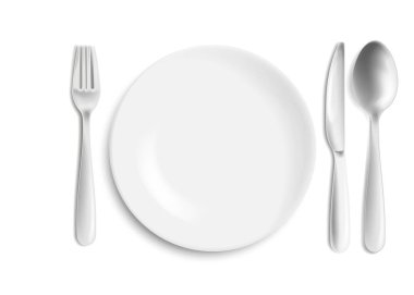 Paslanmaz çelik bıçak, kaşık ve çatal beyaz arka planda izole edilmiş plaka. Vektör çizimi. Eps 10.