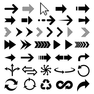 Ok simgesi. Büyük bir vektör düz ok kümesi. Beyaz arka planda izole edilmiş konsept ok koleksiyonu. Vektör çizimi. Eps 10.