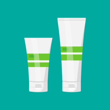 Krema, çorba, köpük ve arka planda izole edilmiş şampuan için düz bir kozmetik paketi. Vektör çizimi. Eps 10.
