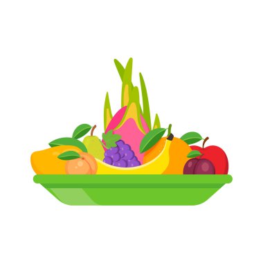 Beyaz arka planda izole edilmiş meyve salatası tabağı. Vektör çizimi. Eps 10.