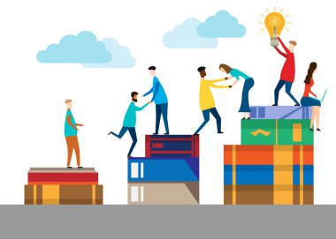 İnsanlar kitaplara tırmanıyor. Beyaz arka planda izole edilmiş. Vektör çizimi. Eps 10