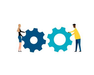 İnsanlar birbirlerine doğru büyük çarklar çekiyor. Vektör çizimi. Eps 10.