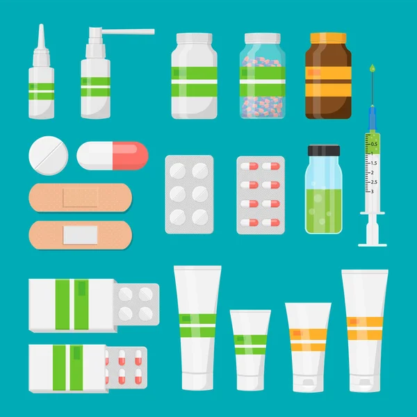 Set of pharmaceutical packs: blister of pill and capsules, tube, container for tablet, bottle for drugs isolated on white background. Vector illustration. Eps 10.
