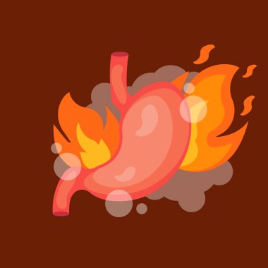 Mide ekşimesi. Ateşli mide. Beyaz arka planda izole edilmiş. Vektör çizimi. Eps 10