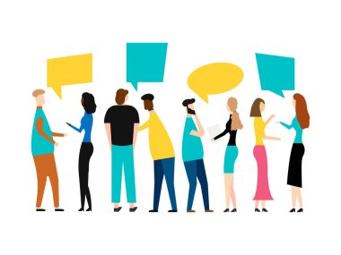 Bir grup çizgi film genci konuşuyor. Beyaz arka planda izole edilmiş. Vektör çizimi. Eps 10.