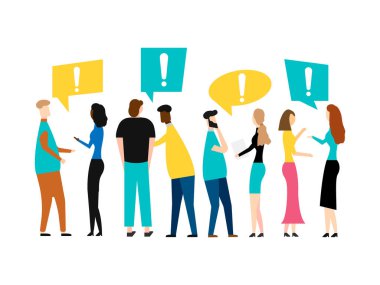 Bir grup çizgi film genci konuşuyor. Beyaz arka planda izole edilmiş. Vektör çizimi. Eps 10.