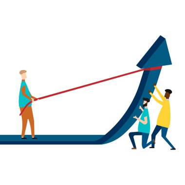 Beyaz arka planda izole edilmiş oku tutan iş ekibi. Vektör çizimi. Eps 10.