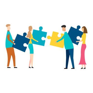 Yapboz elementlerini birleştiren insanlar. Beyaz arka planda izole edilmiş. Vektör çizimi. Eps 10.