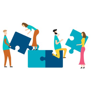 Yapboz elementlerini birleştiren insanlar. Beyaz arka planda izole edilmiş. Vektör çizimi. Eps 10.