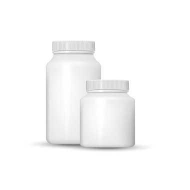 Gerçekçi plastik şişe tıbbi olarak beyaz arka planda izole edilmiş. Vektör çizimi. Eps 10.