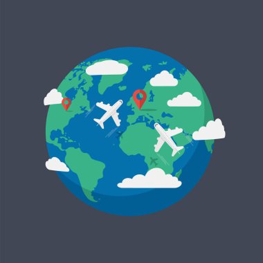 Dünya 'nın etrafında uçan uçaklar beyaz arka planda izole edilmiş. Vektör çizimi. Eps 10.