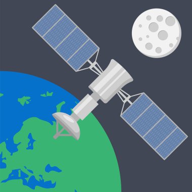 Dünya 'nın yörüngesindeki yapay uydu beyaz arka planda dış uzaydan izole edildi. Vektör çizimi. Eps 10.