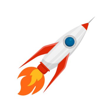 Roket gökyüzünde uçuyor. Beyaz arka planda izole edilmiş başlangıç konsepti. Vektör çizimi. Eps 10.