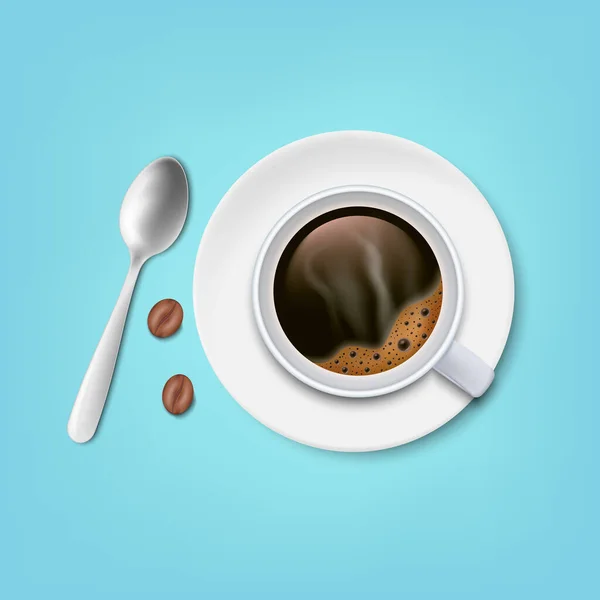 A cup of black coffee with spoon and saucer and coffee beans top view isolated on white background. Vector illustration. Eps 10.