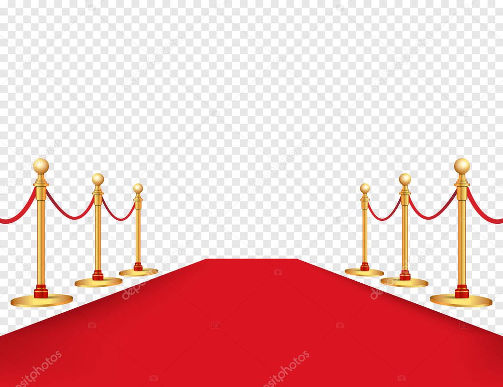 Red carpet and golden barriers realistic isolated on background. Vector illustration. Eps 10.