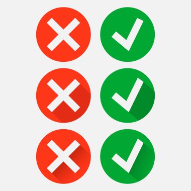 Kene ve çapraz işaretler. Yeşil işaret OK ve kırmızı X simgesi beyaz arkaplanda izole edildi. Vektör çizimi. Eps 10.