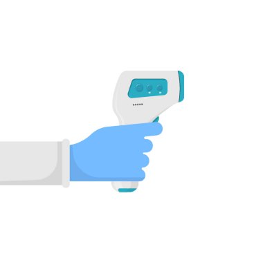 Dijital temas olmayan kızılötesi termometre, el doktorunda. Beyaz arka planda izole edilmiş. Vektör çizimi. Eps 10.