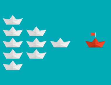 Kağıt origami teknesi turuncu liderlik başarıya ulaşıyor. Vektör çizimi. Eps 10.