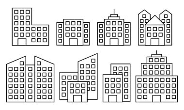 Bina çizgisi simgesi seti. Mimarlık konsepti. Ofis, şehir, gayrimenkul gibi konularda kullanılabilir. Vektör çizimi. Eps 10.