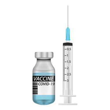 Coronavirus aşısı, şırınga ve aşı şişesi. Vektör çizimi. Eps 10.