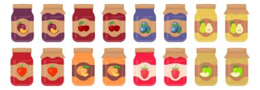 Reçelli cam kavanoz. Meyve reçeli etiketli kavanozlar. Vektör çizimi. Eps 10.