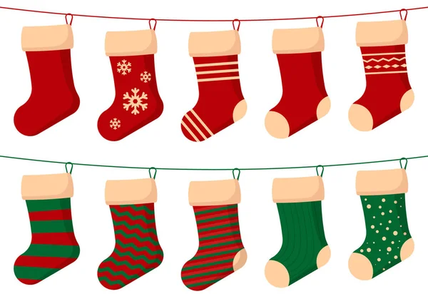 一套圣诞节的袜子 圣诞袜是红色绿色的 挂节日装饰品当礼物 矢量图解 Eps — 图库矢量图片