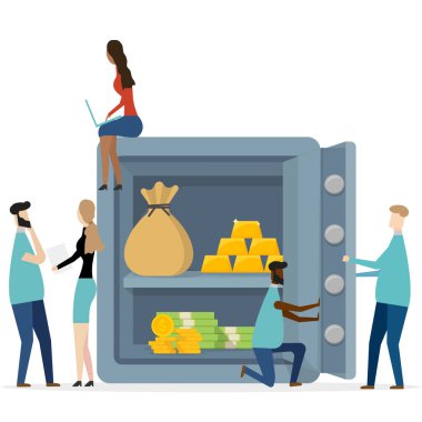 Depozito, nakit depozito, banka çalışanları, yatırım para konsepti. Vektör çizimi. Eps 10.