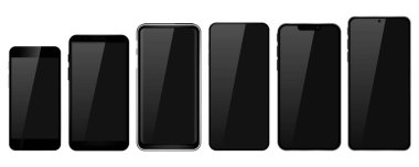 Gerçekçi bir akıllı telefon modeli. Cep telefonu görüntüsü, cihaz ekranı çerçevesi ve siyah akıllı telefonlar. Vektör çizimi. Eps 10.