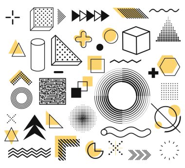 Memphis, soyut geometrik şekiller kümesi. Web, vintage, reklam, ticari afiş, reklam panosu, satış, poster, broşür Vector illüstrasyon Eps 10
