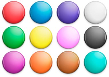 Renkli parlak rozet ya da düğme seti. Gerçekçi yuvarlak plastik iğne, amblem, etiket. Vektör çizimi. Eps 10.