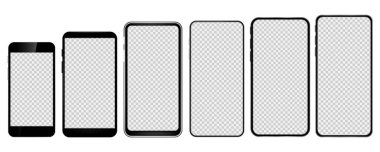 Saydam ekranlı gerçekçi modeller akıllı telefon. Akıllı telefon model koleksiyonu. Aygıt ön görünümü. Vektör çizimi. Eps 10.