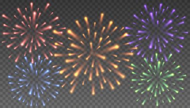 Şenlikli havai fişekler patlıyor. Şeffaf arka planda şenlikli havai fişek selamı patlaması. Vektör çizimi. Eps 10.