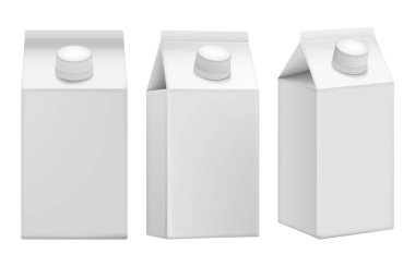İçecek için beyaz karton şablon: meyve suyu, süt. Ön ve yan görüş. Paket koleksiyonu. Vektör çizimi. Eps 10.