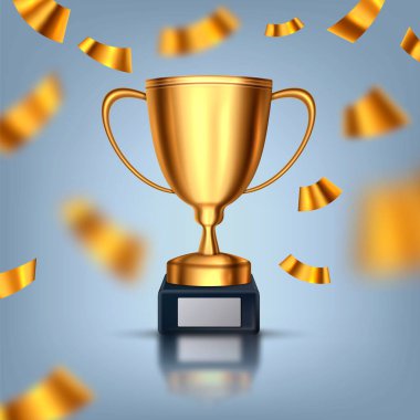 Gerçekçi kupa kupası. Şampiyonluk kupası. Parlak altın bardak ve düşen konfeti, spor ödülü. Kazanan ödül. Vektör çizimi. Eps 10.