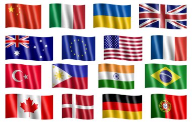 ABD, Kanada, Rusya, İngiltere, Avustralya, Eu, Çin, Fransa, Türkiye, Filipinler, Hindistan, Brezilya, İtalya, Danimarka, Almanya, Portekiz. Vektör çizimi. Eps 10.
