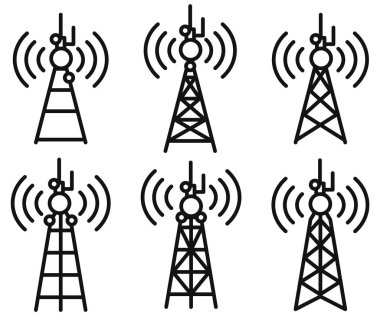 Anten kulesi simgeleri. Telekomünikasyon kulesi antenli. Vektör çizimi. Eps 10.