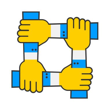 Ukrayna ve Ukrayna ortaklığı. Birbirine bağlı bir grup insanın elleri. Vektör çizimi. Eps 10.