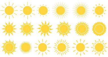 Güneş simgeleri. Parlak güneş ışığı battı. Vektör çizimi. Eps 10.