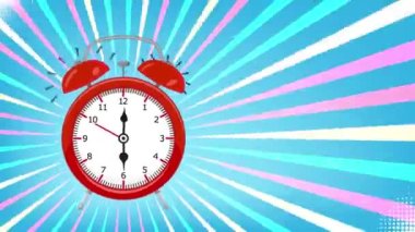 Animation of Vintage Alarm clock ringing on halftone background. Retro pop art style.