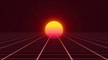 Retro-futuristic 80s synthwave sun grid background. Seamless looped opener 4K animation.