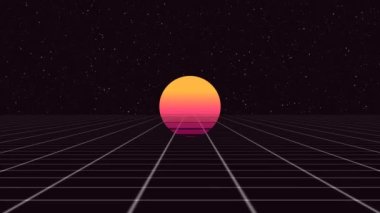Retro-futuristic 80s synthwave sun grid background. Seamless looped opener 4K animation.