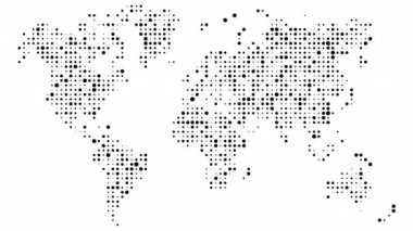 Dotted abstract world map. Dotted world map animation. 4K. Pixel mosaic map of World. Halftone design.