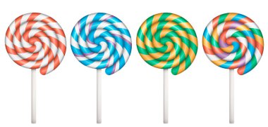 Sarmalı lolipop. Saplanmış şeker çubuğunda. Çizgili girdaplı yuvarlak şekerler. Vektör çizimi. Eps 10.