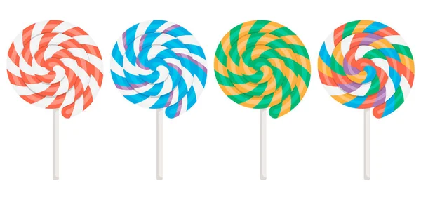Lollipop Spiral Twisted Sucker Candy Stick Set Candies Striped Swirls — Stock Vector