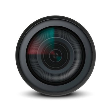 Kamera merceği beyaz arkaplanda izole edildi. Çok detaylı video ya da fotoğraf makinesi lensi. Vektör çizimi. Eps 10.