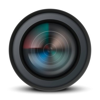 Kamera merceği beyaz arkaplanda izole edildi. Çok detaylı video ya da fotoğraf makinesi lensi. Vektör çizimi. Eps 10.