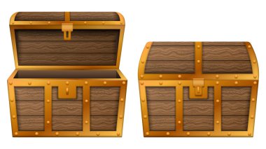 Hazine sandığı. Boş hazine kutusu, açık ve kapalı ortaçağ antik ahşap gerçekçi sandıklar. Vektör çizimi. Eps 10.